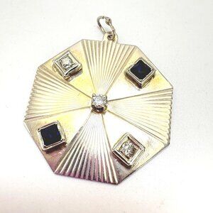 VTG Sterling Silver 925 Black & White CZ Octagonal Ridged Pendant Charm 1.25"